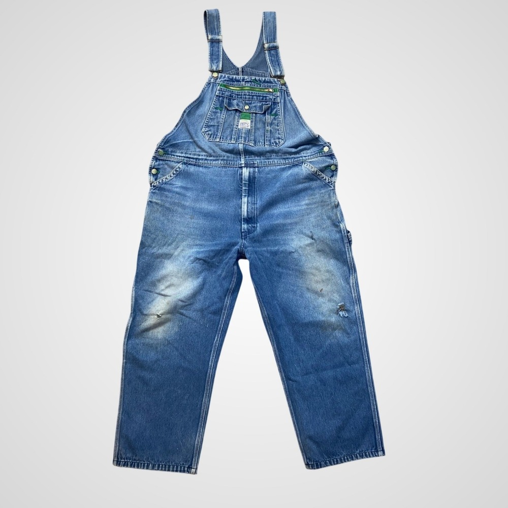 Liberty Overalls Mens Blue M 44X30 Good Bib Denim Green Zipper Carpenter Utility